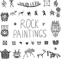 Set of rock painting isolated on white background. Cave drawings with ethnic people, animals,mystical symbols, petroglyphs.