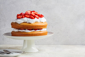 Whole summer berry cake, copy space. Vegan Strawberry Cake with Coconut Cream. Plant based dessert concept.