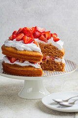 Summer berry cake. Vegan Strawberry Cake with Coconut Cream. Plant based dessert concept.