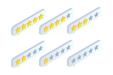 Customer service rate feedback, product review isometric icon. Rating speech bubble button with gold stars isolated on white. Reputation and quality vector illustration for website, infographics, app