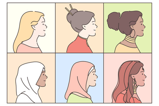Portraits of women set concept. Images multiracial asian african american muslim arab women girls cartoon characters different nationalities for social media. Profile international people illustration