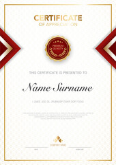 diploma certificate template red and gold color with luxury and modern style vector image, suitable for appreciation.  Vector illustration.