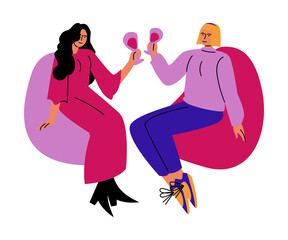 A happy lesbian couple of women drinks wine from glasses sitting on chairs. Vector illustration in cartoon style.