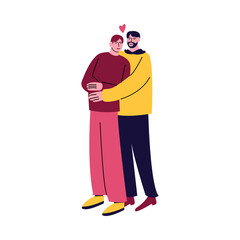 A happy gay couple of men standing in casual clothes and hugging. Vector illustration in cartoon style.