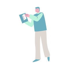 Happy smiling man holding antibacterial wipes. Vector illustration in cartoon style.