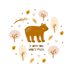 Greeting card with cute bear and hand-drawn elements.