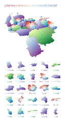Obraz premium Venezuelan low poly regions. Polygonal map of Venezuela with regions. Geometric maps for your design. Stylish vector illustration.