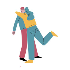 Happy woman in blue jeans hugging man lovingly. Vector illustration in flat cartoon style.