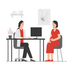 Pregnant woman visiting doctor. Young woman with big tummy discuss with gynecologist