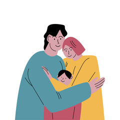Happy smiling mother and father hugging their son. Vector illustration in flat cartoon style.