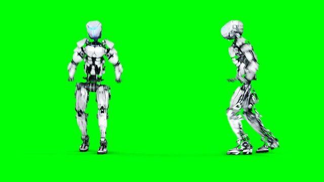 Funny robot is dancing . Realistic motion and reflections. 4K green screen footage.