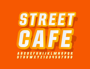 Fototapeta premium Vector summer style sign Street Cafe with Modern Font. Yellow and White sticker Alphabet Letters and Numbers