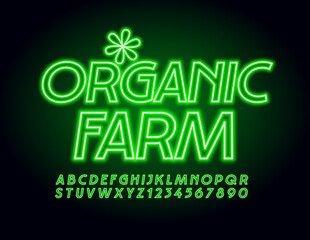 Vector logo Organic Farm with decorative Flower. Green Neon Font. Electric Alphabet Letters and Numbers