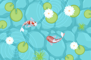 Vector illustration. Pond with carp and lotus flowers. (Top view) Lake with fish and plants. (View from 