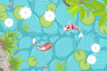 Vector illustration. Pond with carp and lotus flowers. (Top view) Lake with fish and plants. (View from above)