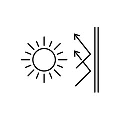 Concepto vacaciones de verano. Protección solar. Icono plano lineal sol y flechas rebotando en pared en color negro