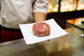 Dry Aging steak with Koji Rice - Grilled beef on teppanyaki grill plate, Prepared for Teppanyaki...