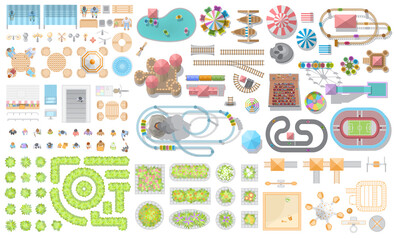Set of landscape elements. Amusement park. Top view. Fences, paths, lights, furniture, trees, attractions, tents, construction. View from above.