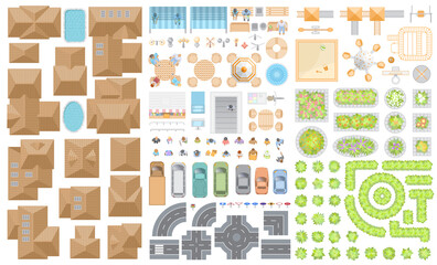 Set of landscape elements. Houses, architectural elements, furniture, plants. Top view. Road, cars, people, furniture, houses, playground, flowerbed. View from above. 