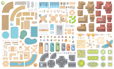 Set of landscape elements. Houses, architectural elements, furniture, flowers. Top view. Road, cars, people, lights, furniture, houses, playground, flowerbed. View from above. 