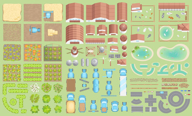 Vector set. Green farm. (top view) Fields, vegetable gardens, hangars, buildings, barns, agricultural machinery, ponds, road. (view from above)