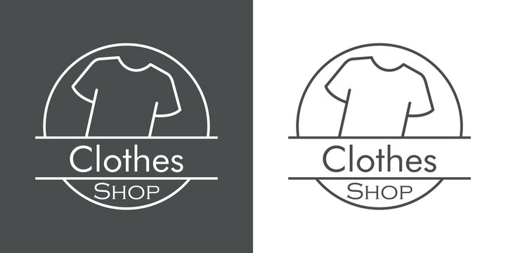 Concepto tienda de ropa. Logotipo lineal con texto Clothes Shop en c&iacute;rculo con camiseta en fondo gris y fondo blanco