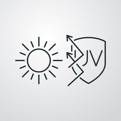 Concepto vacaciones de verano. Crema solar. Icono plano lineal palabra UV en escudo con sol y flechas en fondo gris 