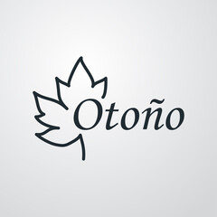 Concepto temporada otoñal. Logotipo con palabra otoño con hoja de arce lineal en fondo gris