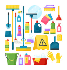 Vector set of household supplies and cleaning tools for banner, web site, infographic, cleaning service. Sanitary chemical products. Bucket, gloves, bottle of spray, brush, scoop, sponges, detergents
