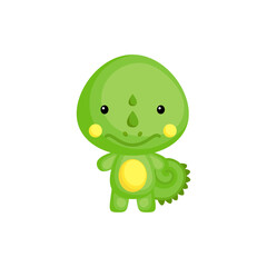 Cute funny baby iguana isolated on white background. Adorable animal character for design of album, scrapbook, card and invitation. Fun zoo. Flat cartoon colorful vector illustration.