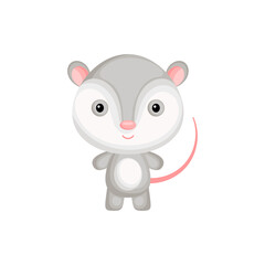 Cute funny baby opossum isolated on white background. Adorable animal character for design of album, scrapbook, card and invitation. Fun zoo. Flat cartoon colorful vector illustration.