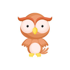 Cute funny baby owl isolated on white background. Woodland adorable animal character for design of album, scrapbook, card and invitation. Fun zoo. Flat cartoon colorful vector illustration.