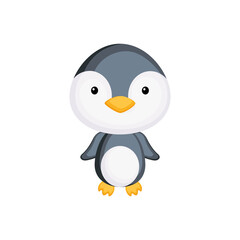 Cute funny baby penguin isolated on white background. Arctic adorable animal character for design of album, scrapbook, card and invitation. Fun zoo. Flat cartoon colorful vector illustration.