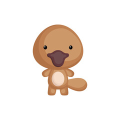 Cute funny baby platypus isolated on white background. Australian adorable animal character for design of album, scrapbook, card and invitation. Fun zoo. Flat cartoon colorful vector illustration.