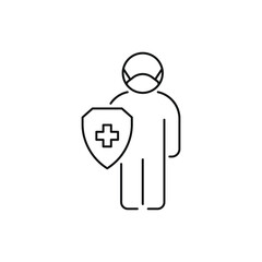 Man in medical facemask with shield. Protected from virus line icon. Fight COVID-19 symbol concept. Vector illustration