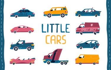 Set of cartoon cute little cars. Collection of kids toys. Vector illustration isolated on white