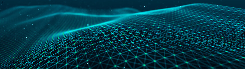 Abstract dynamic wave of points and lines. Perspective grid. Big data. Network of particles. Digital background. 3d rendering.