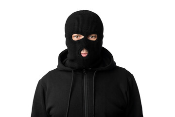Portrait of masked thief isolated over white studio wall