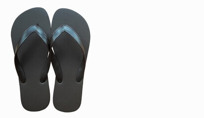Top view of brown beach flip flops on white background.