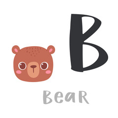 Cute children alphabet. Zoo ABC with animal face. Cartoon bear head with big B letter for kids learning English vocabulary