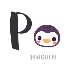 Cute children alphabet. Zoo ABC with animal face. Cartoon penguin head with big P letter for kids learning English vocabulary