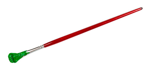 narrow paint brush with green colored tip in blot and brown handle isolated on white background