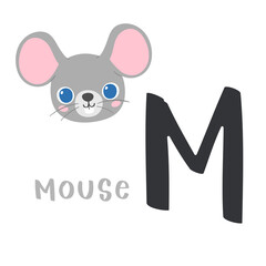 Cute children alphabet. Zoo ABC with animal face. Cartoon mouse head with big M letter for kids learning English vocabulary