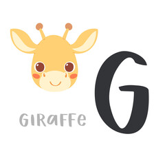 Cute children alphabet. Zoo ABC with animal face. Cartoon giraffe head with big G letter for kids learning English vocabulary