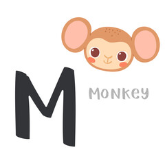 Cute children alphabet. Zoo ABC with animal face. Cartoon monkey head with big M letter for kids learning English vocabulary