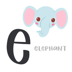 Cute children alphabet. Zoo ABC with animal face. Cartoon elephant head with big E letter for kids learning English vocabulary