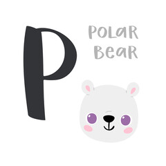 Cute children alphabet. Zoo ABC with animal face. Cartoon polar bear head with big P letter for kids learning English vocabulary