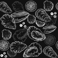 Hand drawn sketch illustration with oysters on a black background seamless pattern