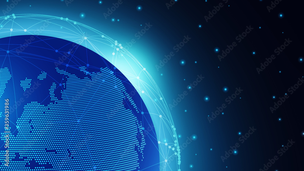 Poster Blockchain Technologies. Futuristic background with world globe and polygonal nodes connections above