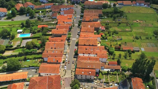 Aerial view in Ainhoa, village of France near of Spain. Drone Footage